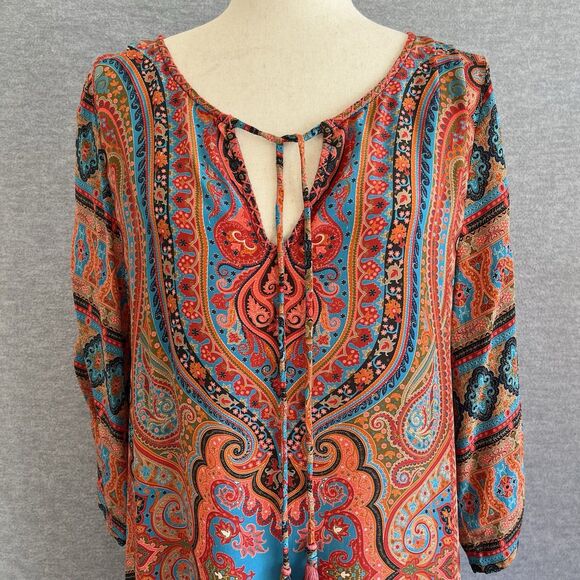 Tolani Boho Silk Tunic Dress Size M Vibrant Festival Hippie Tassels Cover Up - Picture 3 of 16